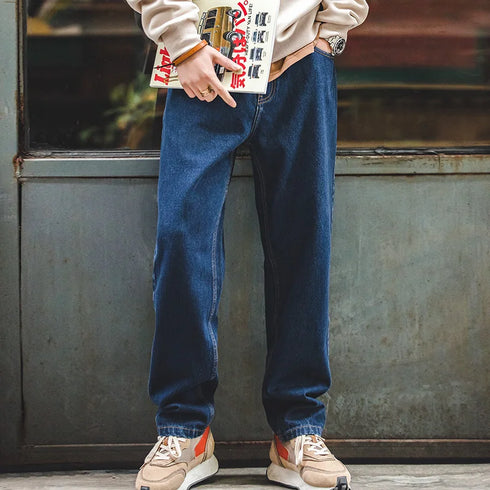 Retro 12.8oz washed denim jeans, men’s loose straight baggy trousers, zipper fly, dark blue.